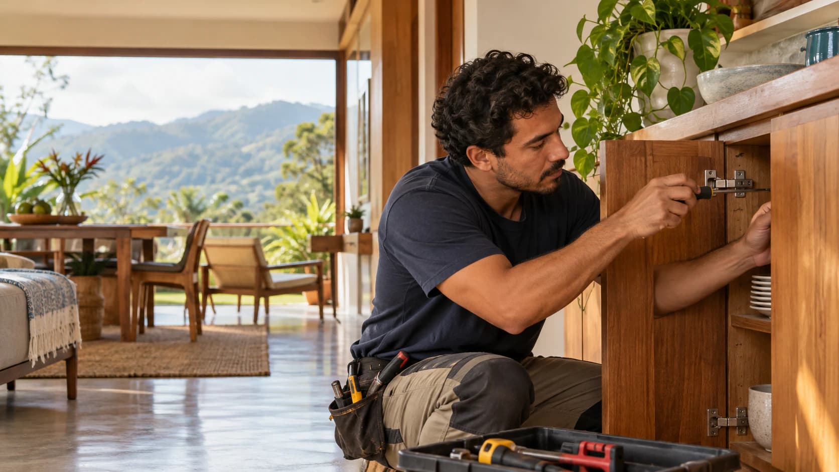 Profesional reparando cuidadosamente las bisagras de un mueble de madera