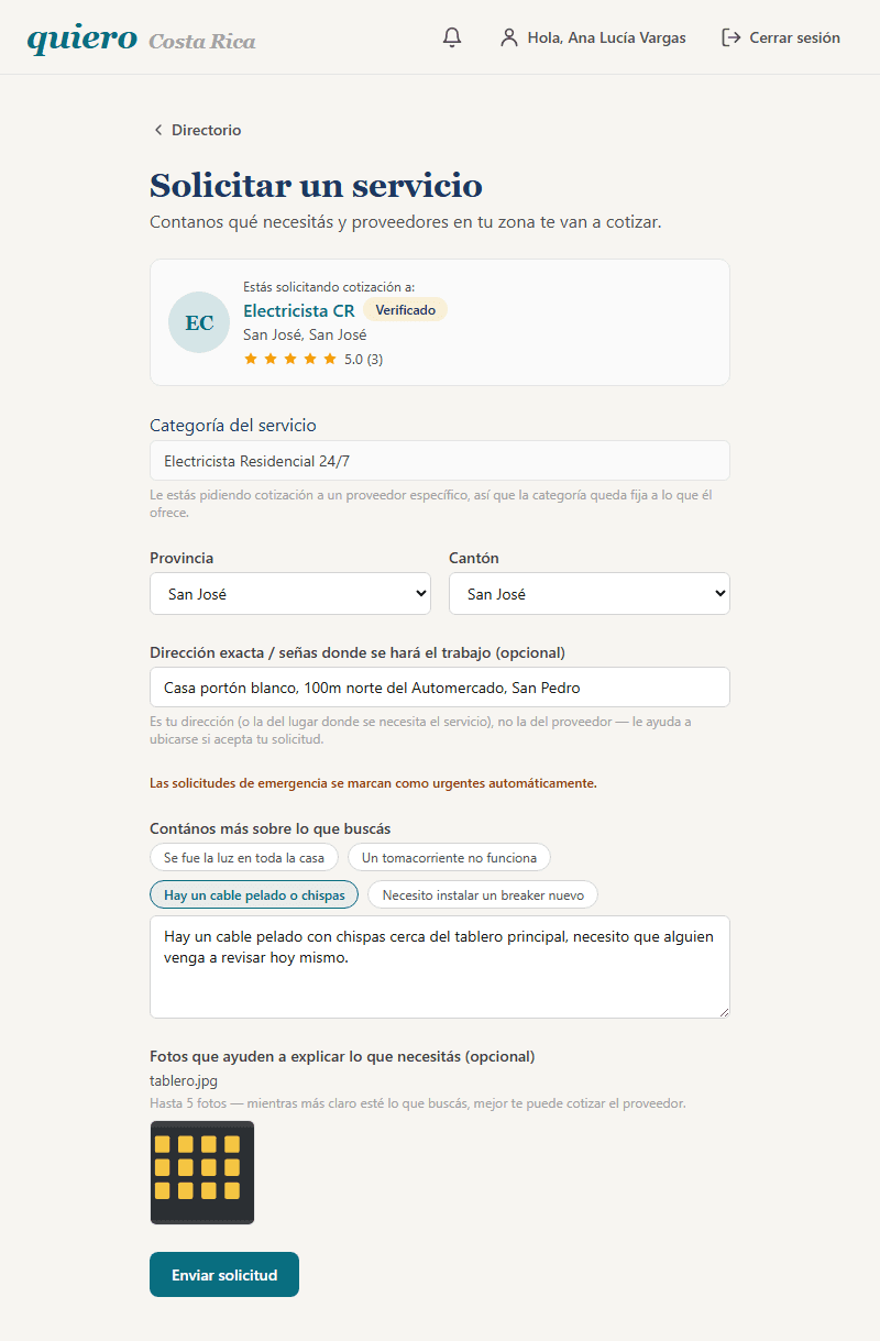 Formulario de solicitud de servicio a un proveedor