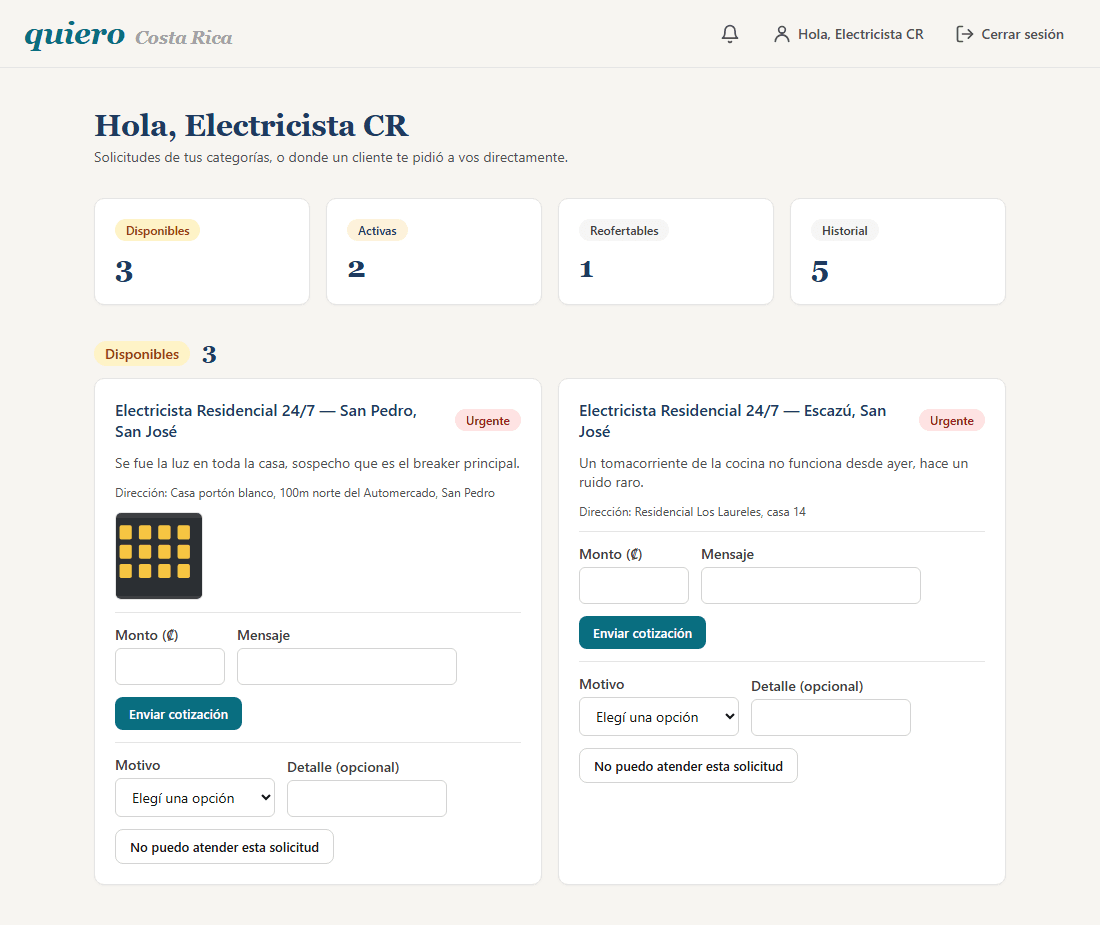 Panel del proveedor con solicitudes disponibles