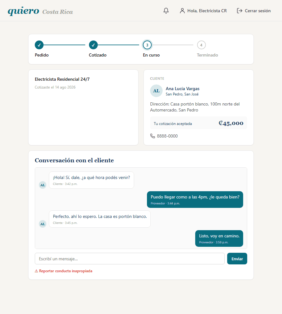 Chat abierto entre el proveedor y el cliente