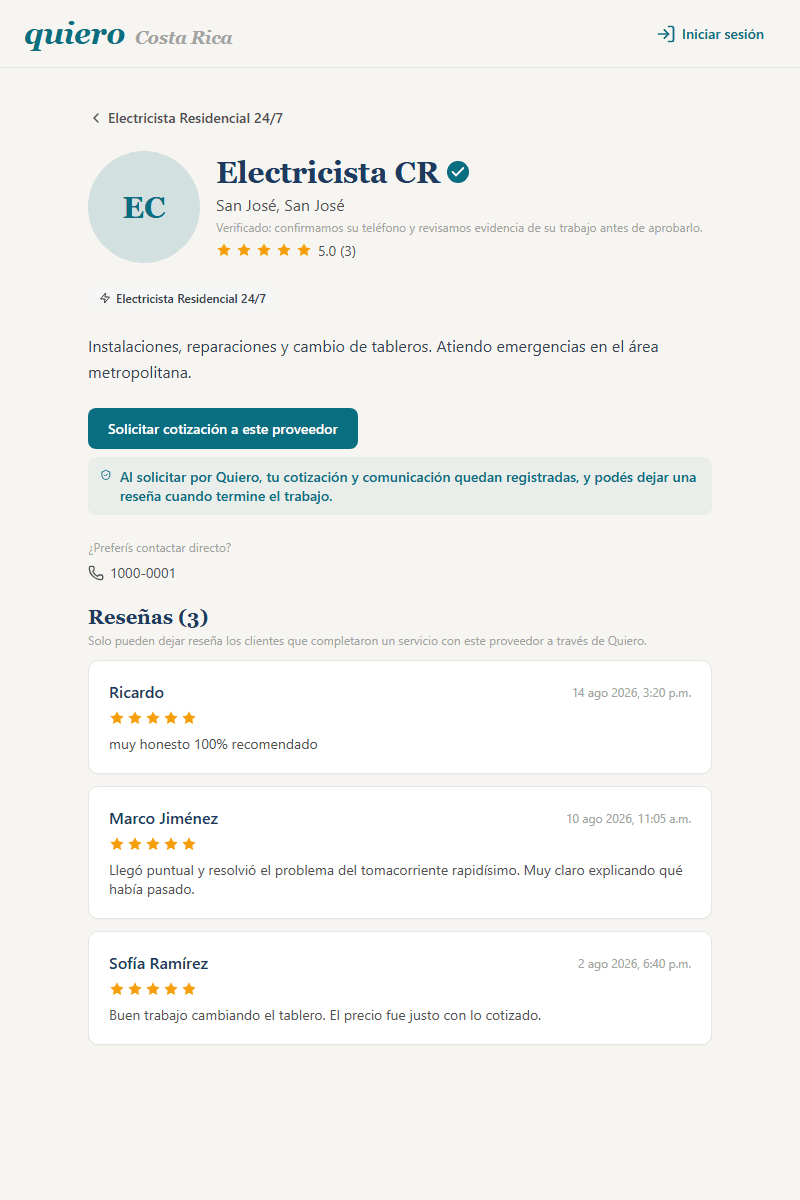 Perfil público del proveedor, con la insignia Verificado y sus reseñas