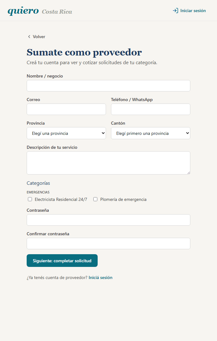 Formulario de registro de proveedor